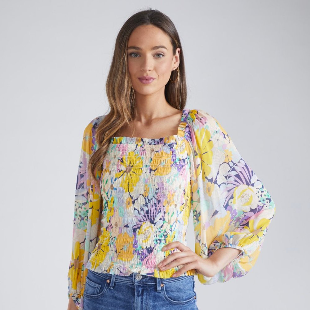 Shoshanna Yellow and Green Puff Sleeve Blouse